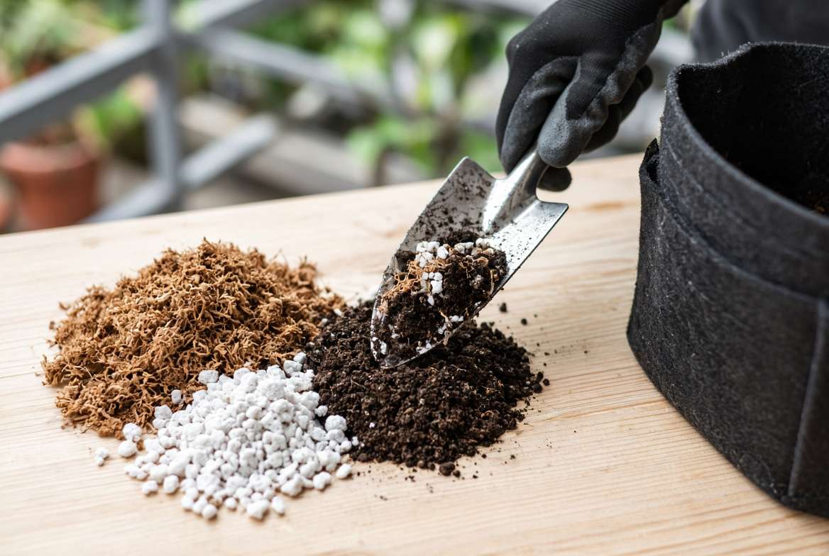 Close-up photograph of distinct piles of lightweight potting medium components (coconut coir, perlite, worm castings) and a trowel on a workbench, ready to be mixed for a vertical garden.