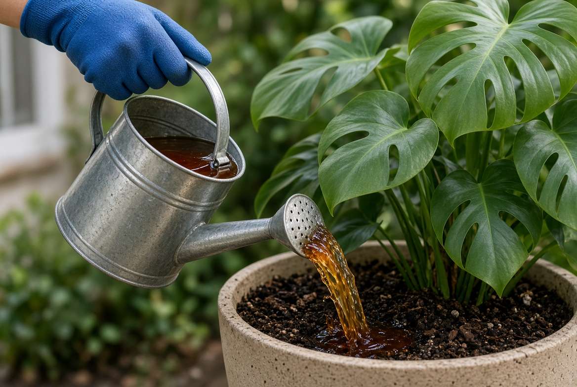 Applying diluted liquid seaweed extract to the soil of a potted Monstera plant using a watering can.