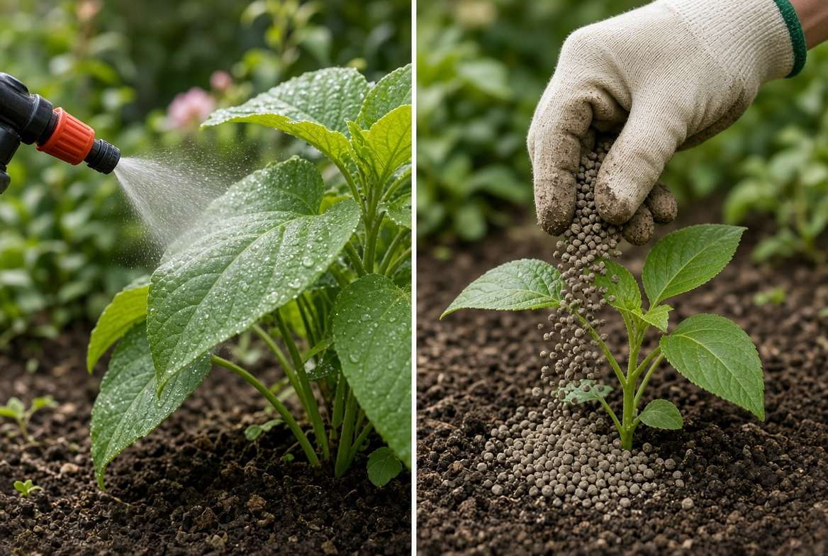 Juxtaposition of liquid foliar spray application and granular fertilizer sprinkling on garden plants.