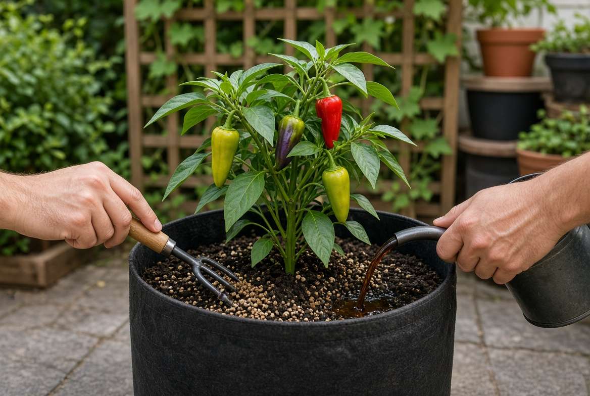 Gardener simultaneously applying granular fertilizer and liquid drench to a potted pepper plant using the 1-2 punch feeding strategy.
