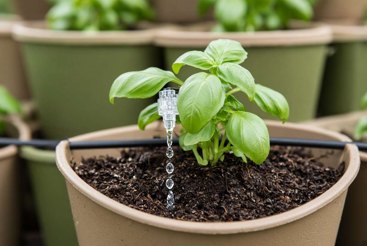 Detailed close-up of a micro-drip irrigation emitter delivering a steady stream of water droplets to the soil around a small basil plant in a vertical planter pocket, illustrating smart watering.