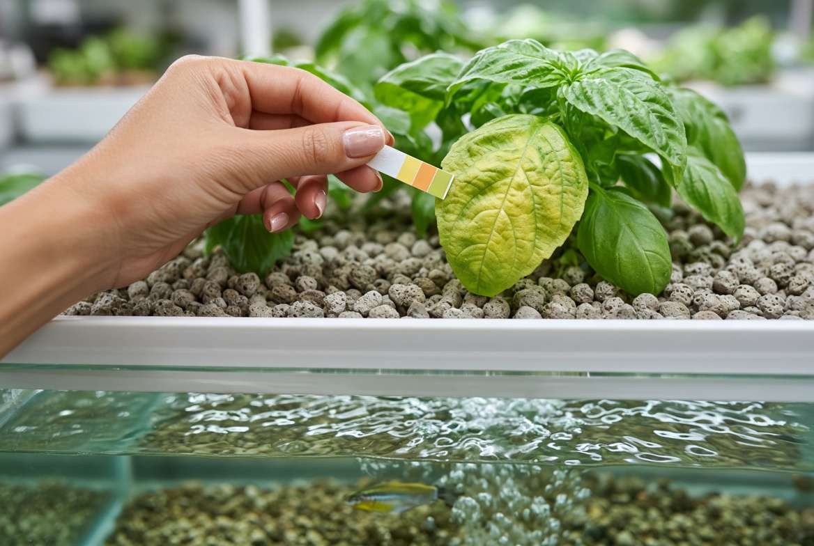 Close-up of expert diagnosing a yellow basil plant leaf in a home aquaponics system.