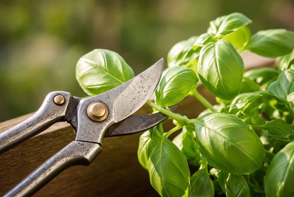 Harvesting fresh basil leaves with metal pruning shears to encourage bushier plant growth.