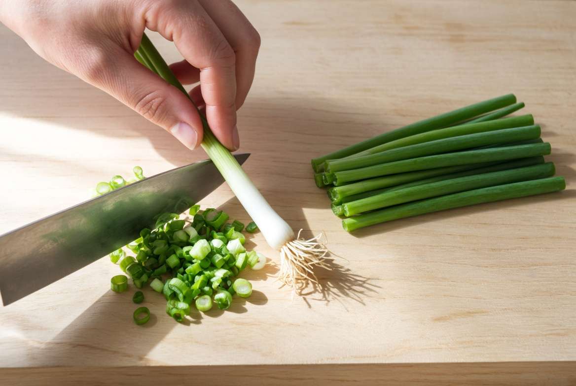 A kitchen knife cutting a fresh scallion bulb, demonstrating the correct length of white stem for regrowing from scraps.