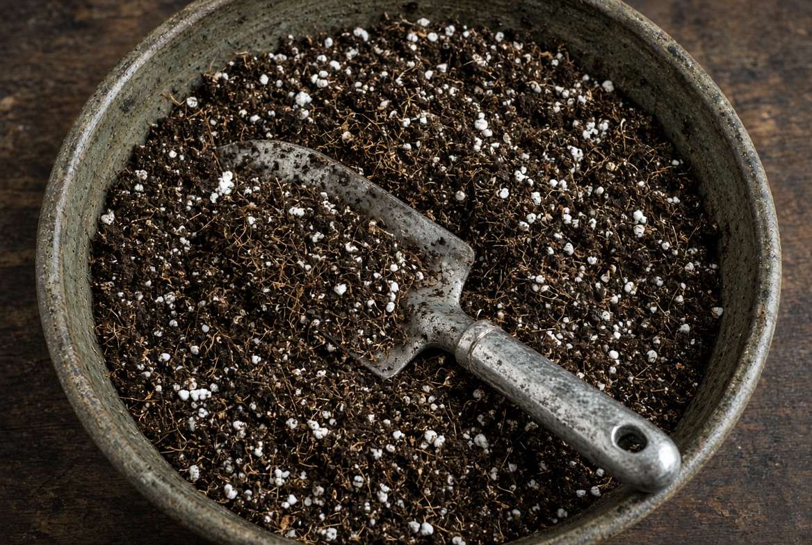 A top-down view of light, aerated potting mix showing white perlite and coir.
