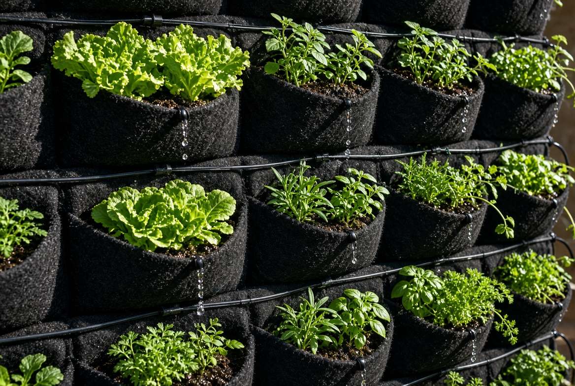 Detailed view of a micro-drip irrigation system installed inside the pockets of vertical grow bags for vegetables for efficient watering