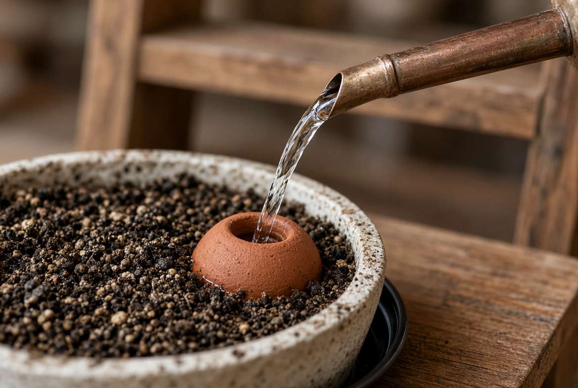 Terracotta olla watering spike buried in a pot on a wooden ladder shelf to prevent water damage.