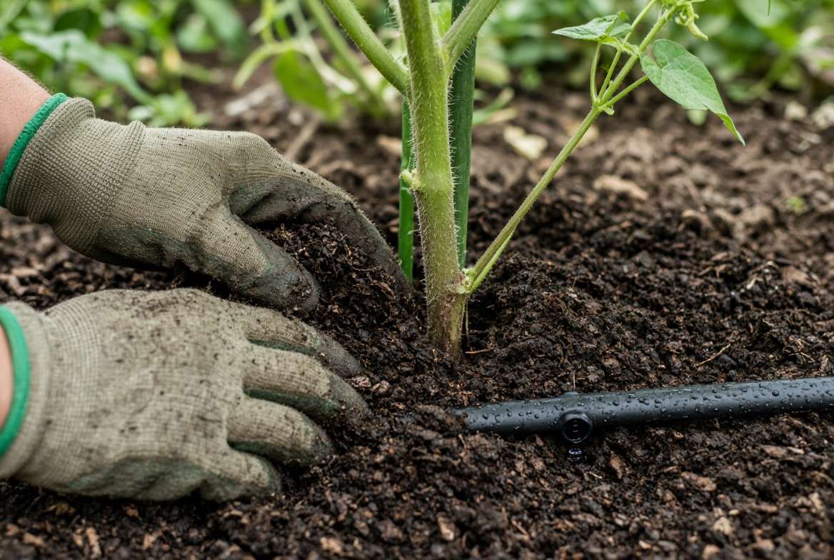 Close-up shot of hands applying compost to the shared root base of a tomato plant and an ornamental morning glory vine in high-density planting.