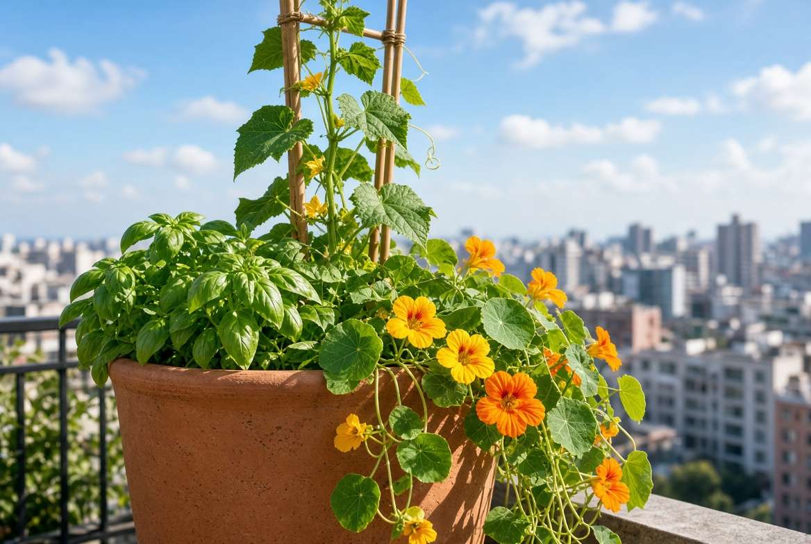a container pot with vertical layering: trellised cucumber, bushy basil, and trailing nasturtiums on a balcony
