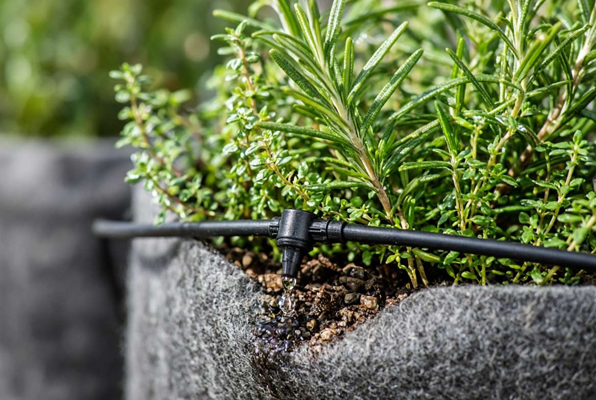 Close-up of a micro-drip irrigation emitter watering a vertical plant pocket.