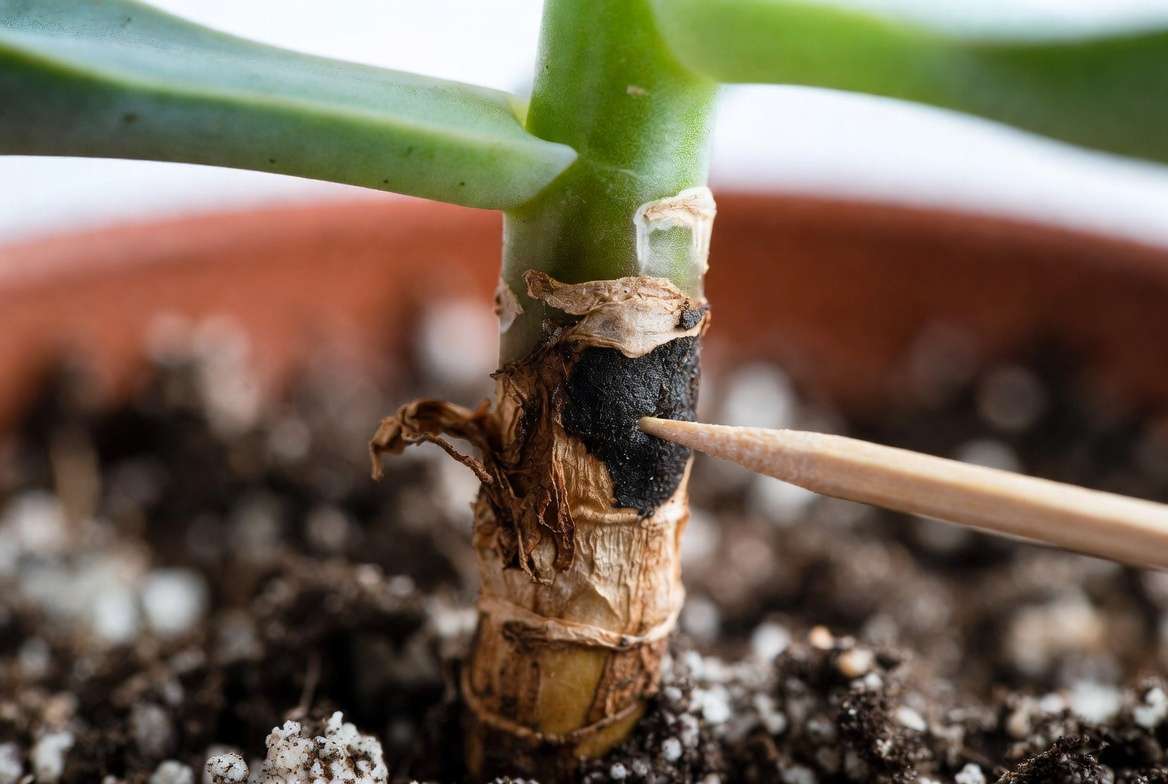 A sterile toothpick testing a squishy, blackened stem on a succulent with soft bacterial rot.