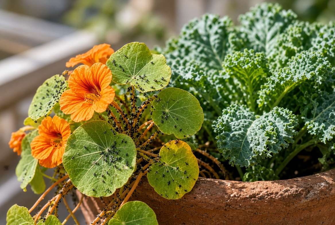 macro view of aphids on sacrificial nasturtium leaves acting as a trap crop next to healthy kale in a pot