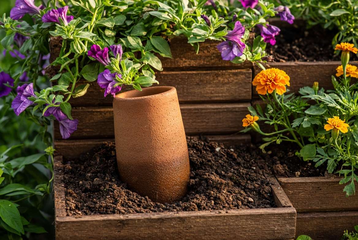 An unglazed terracotta watering spike buried in the soil of a wooden tiered vertical garden.