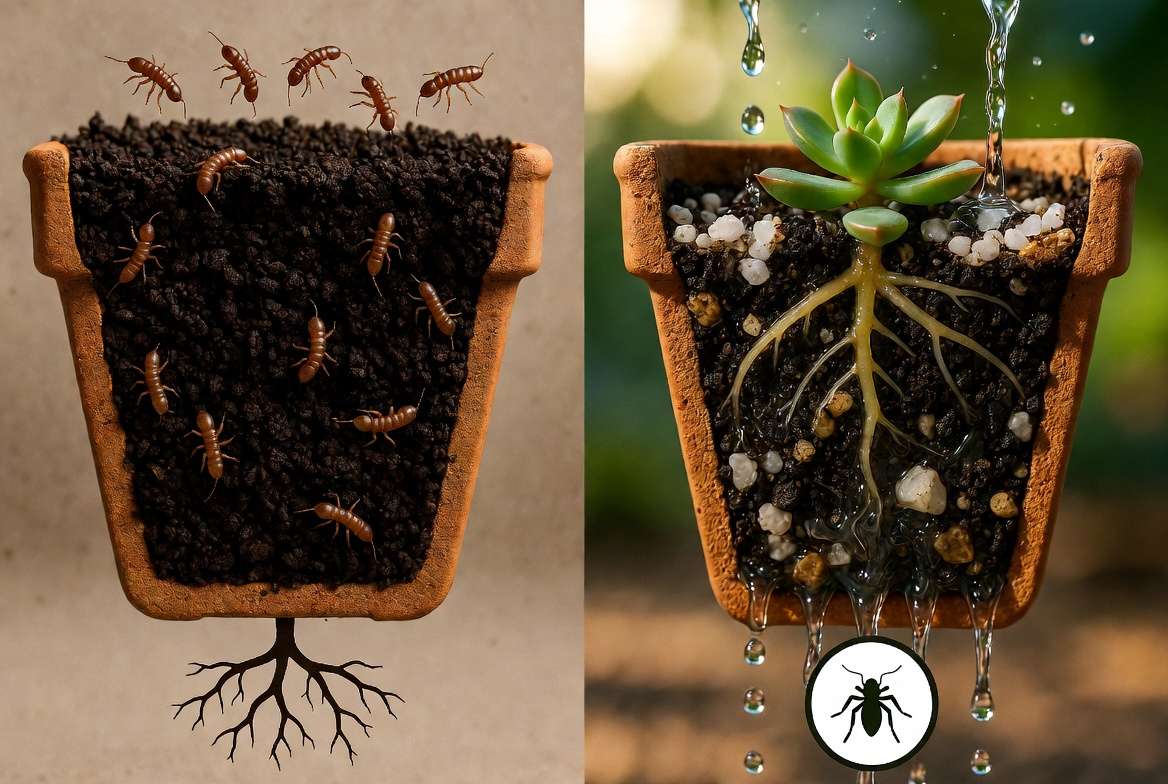 Cross-section diagram comparing standard potting soil (which breeds fungus gnats) with porous, gritty succulent mix for optimal drainage.
