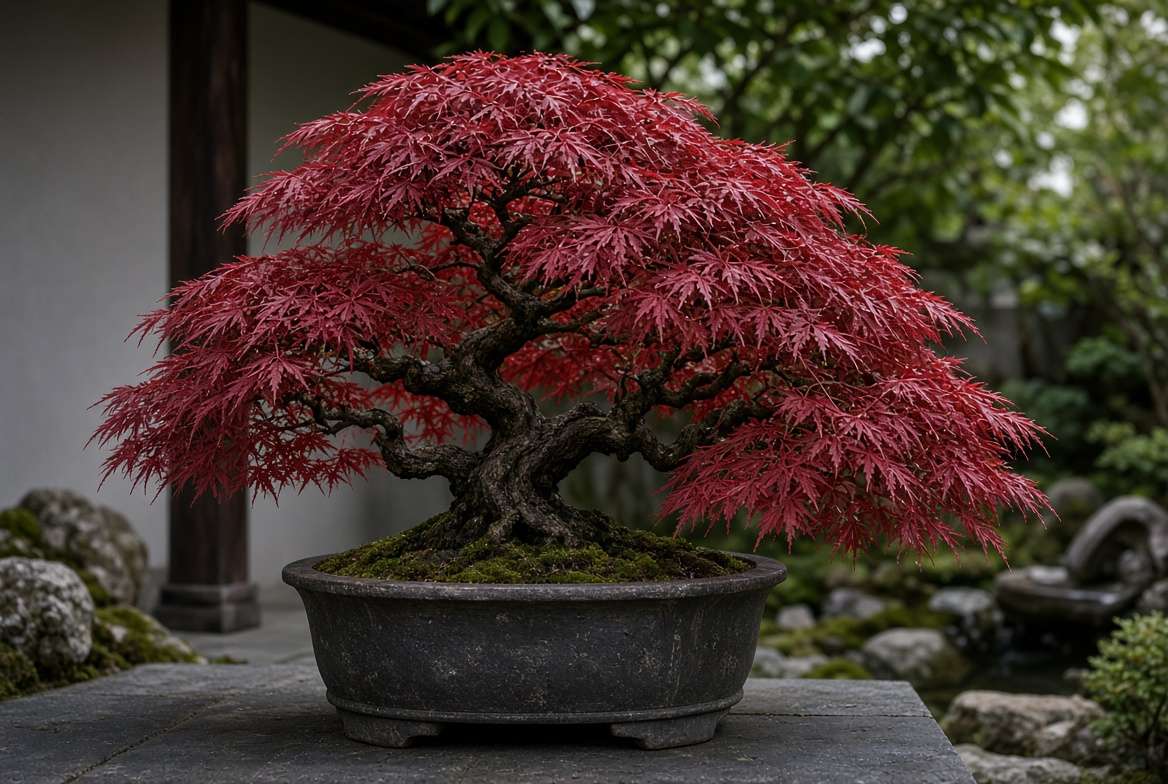 A beautifully shaped dwarf Japanese maple with deep red cascading foliage growing in a dark stone pot on a shaded patio.