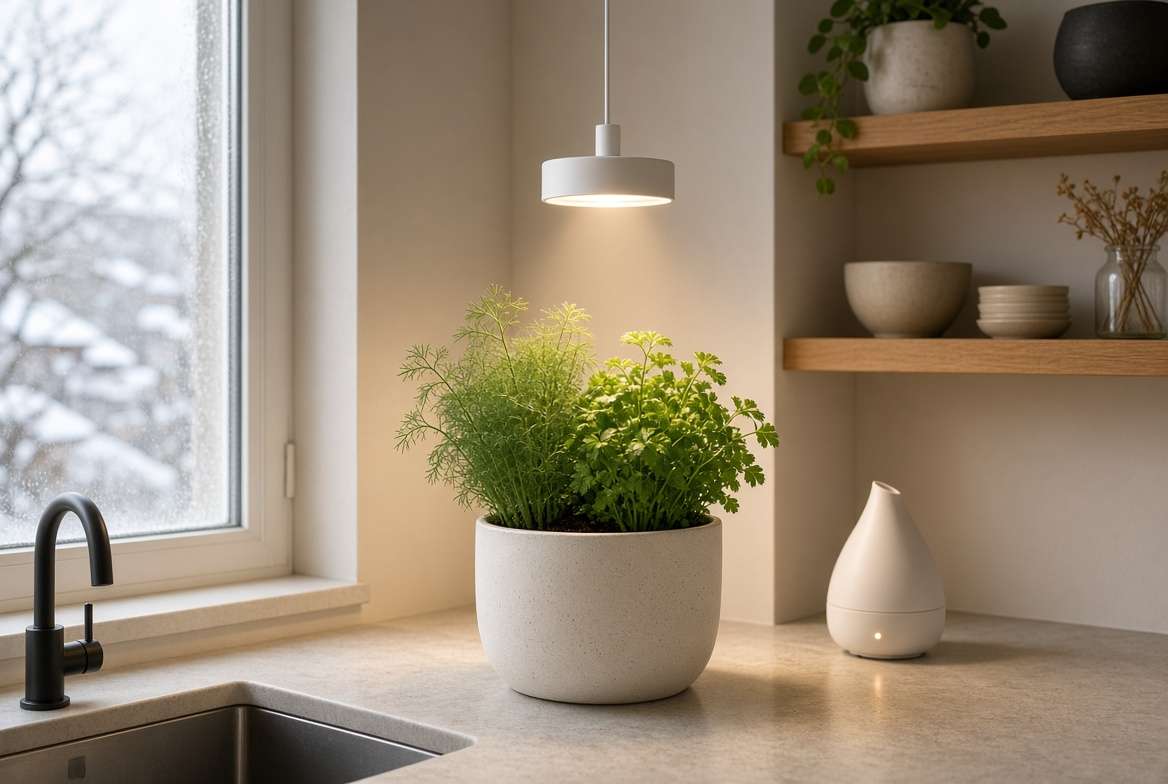 A pot of dill and parsley moved away from a cold window and placed under a modern LED grow light in a winter kitchen.