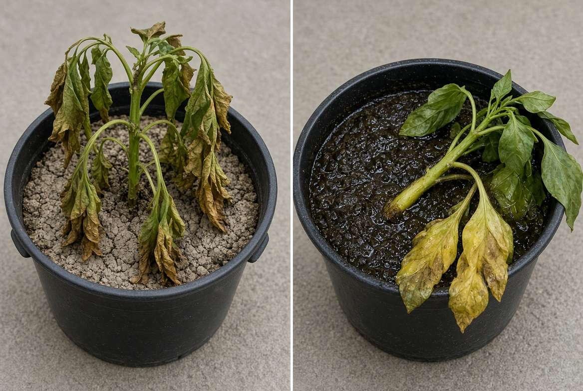 Comparison view of a drooping, underwatered pepper plant (left) and a yellowing, overwatered pepper plant (right).