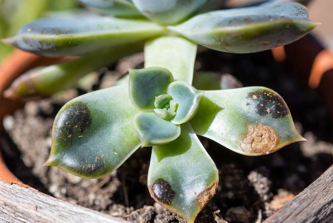 Close-up of succulent leaf edema showing corky black spots caused by overwatering.