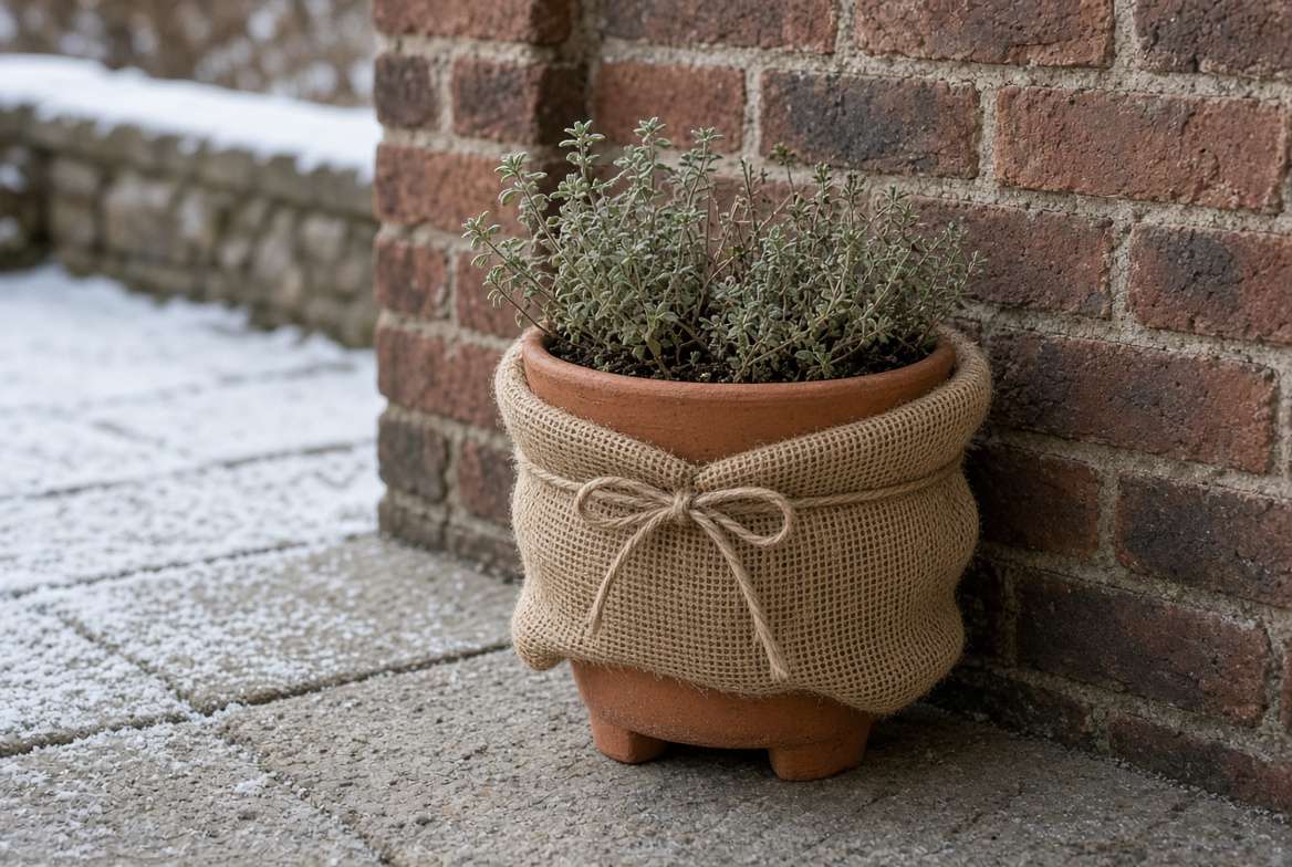 Potted oregano and thyme herbs wrapped in insulating burlap fabric and secured with twine for winter protection on a balcony.