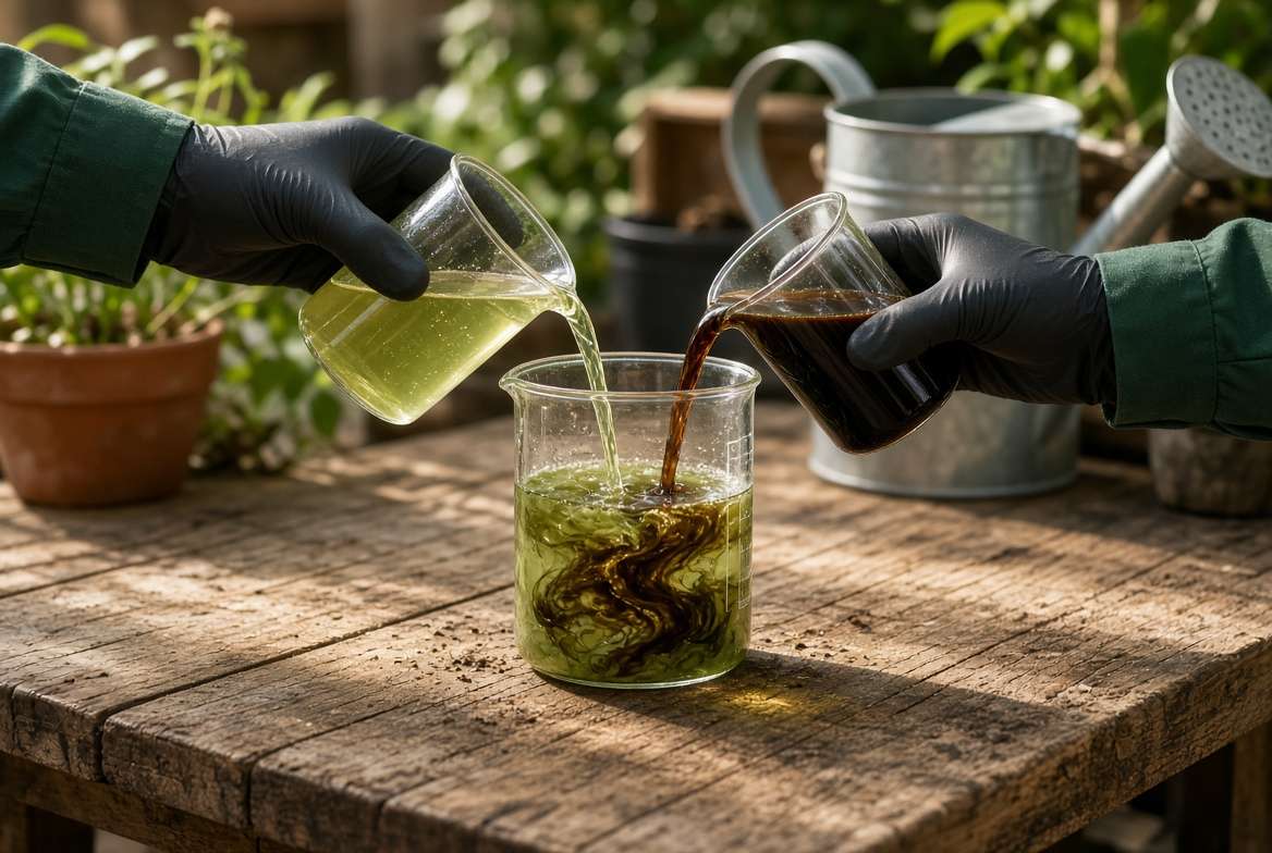 Gardener mixing liquid kelp extract and fish emulsion fertilizer in a beaker.