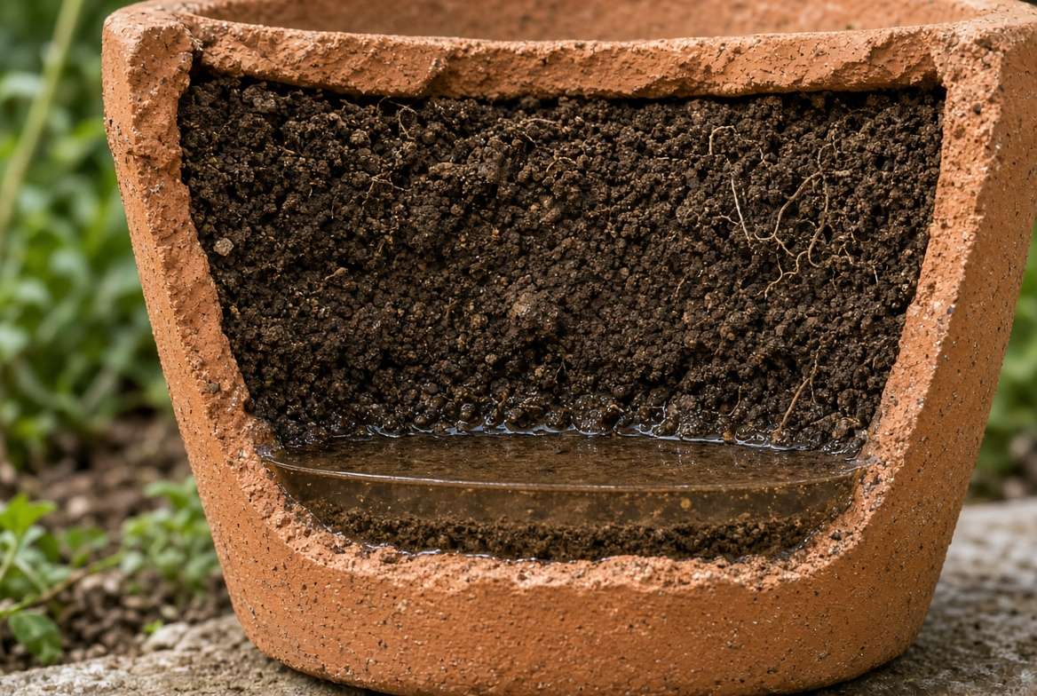 A close-up cross-section of soil in a large container showing a muddy perched water table layer.