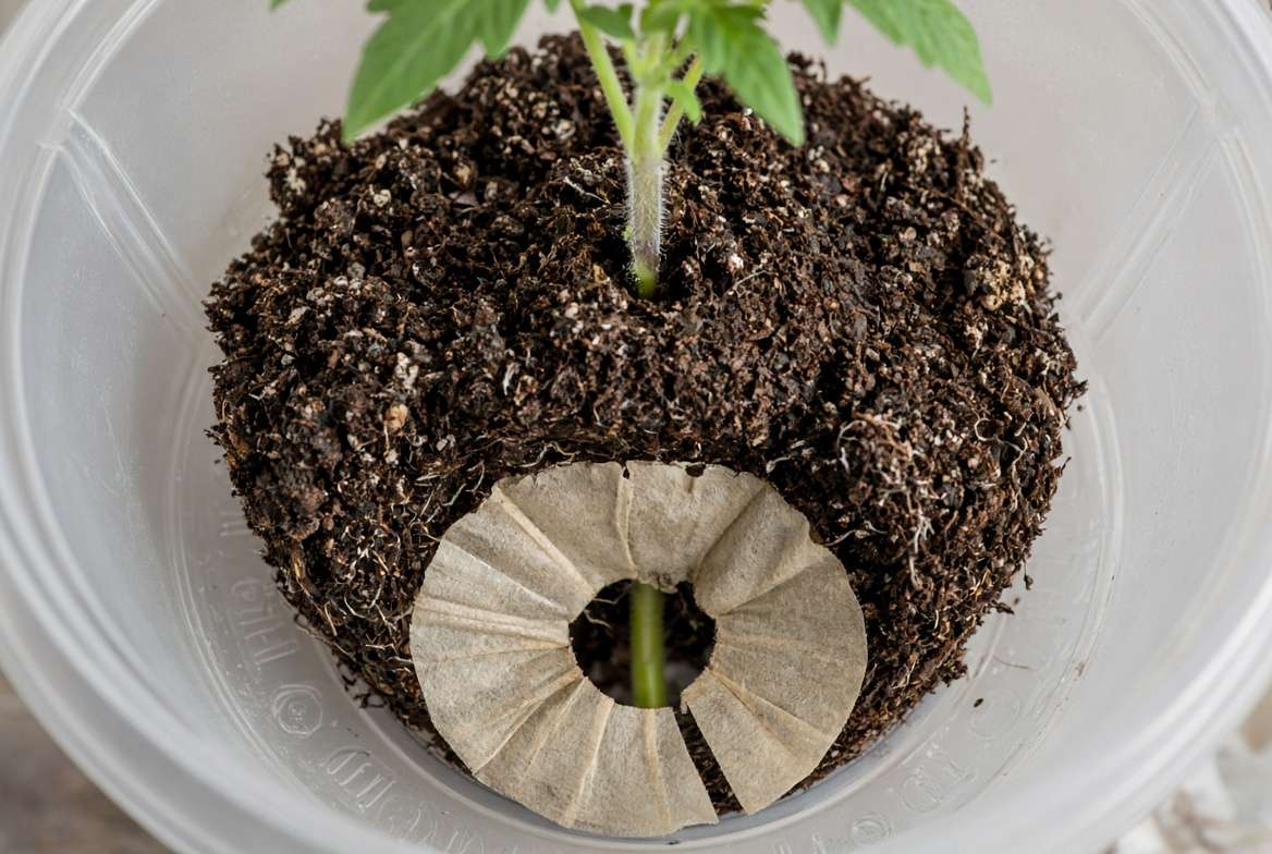 Interior close-up showing a coffee filter wrapped around a tomato seedling stem at the planter hole.