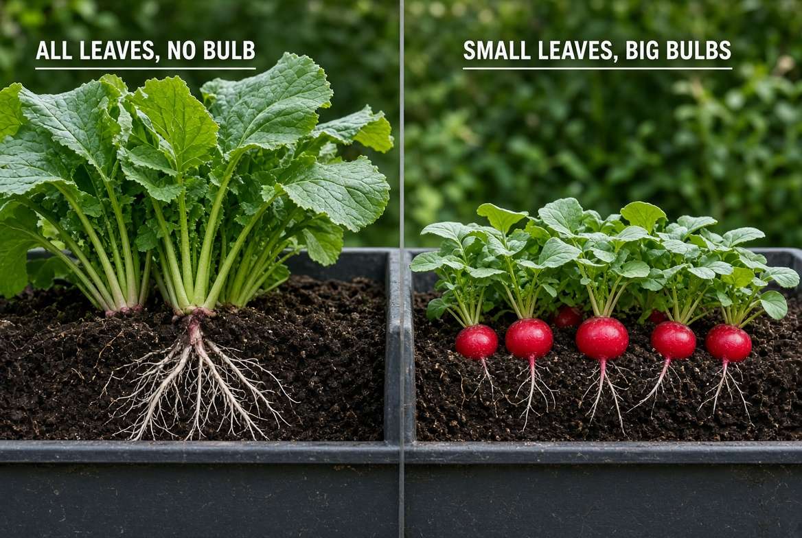 Contrast view in one container: left shows large foliage with thin roots; right shows small foliage with large, round red radish bulbs