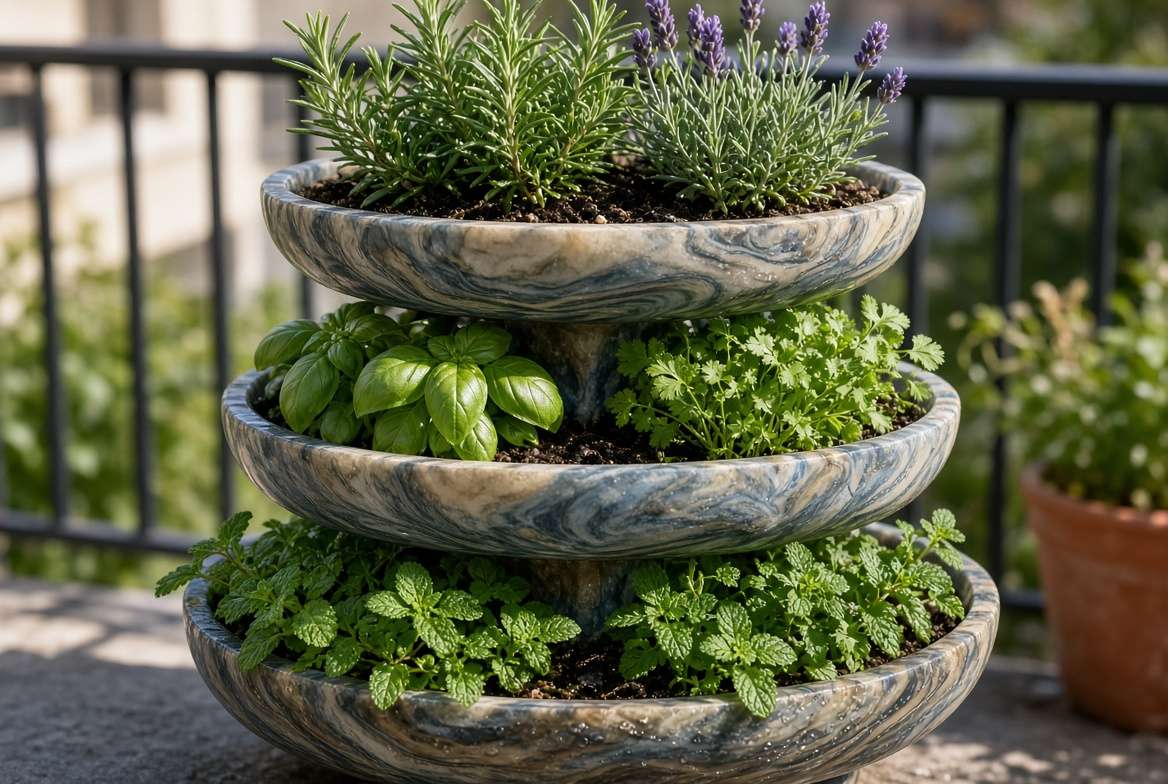 A tiered resin planter showing different herbs placed according to sun and moisture needs.