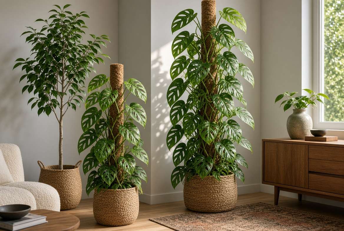 Tall Ficus Audrey indoor tree and a climbing Monstera adansonii on a moss pole in a bright living room corner.