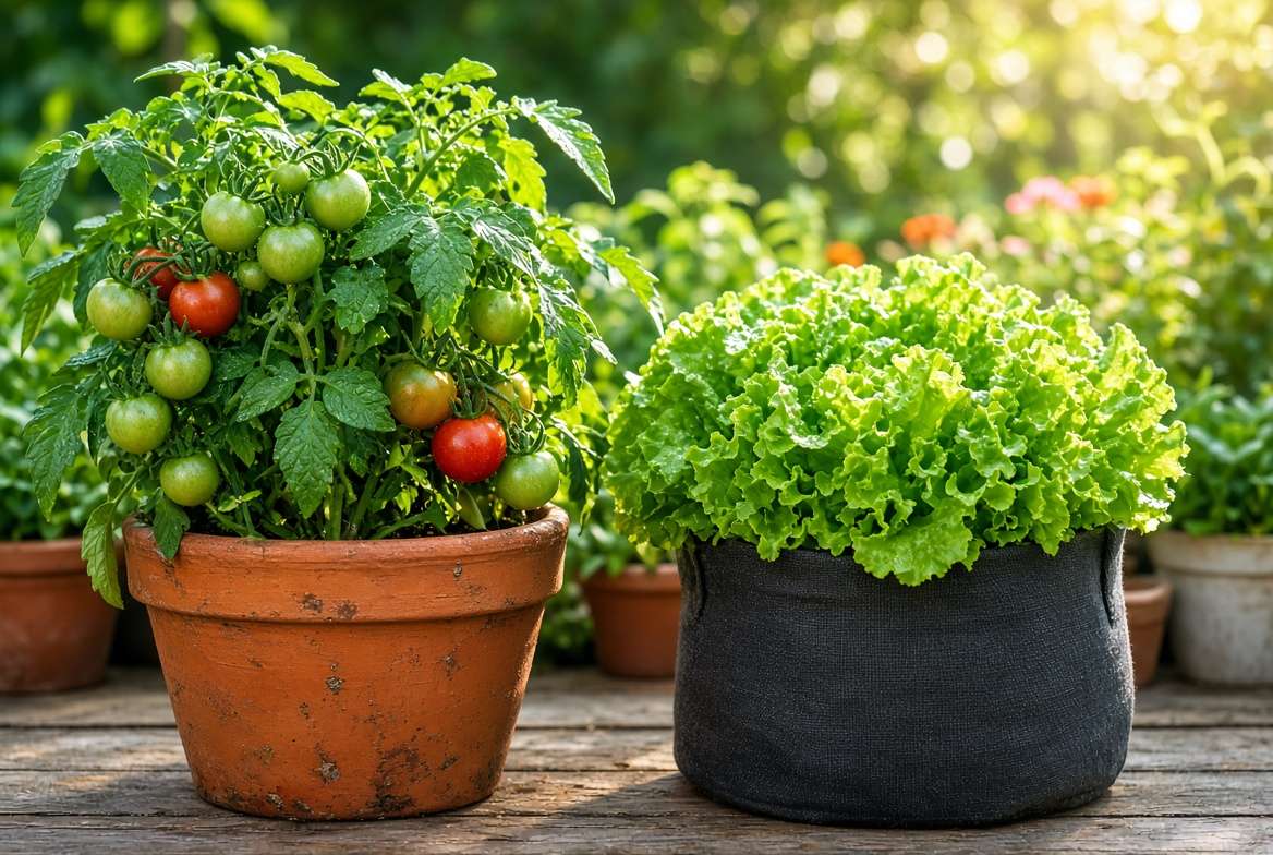 Dynamic photo showcasing a thriving potted tomato plant and a lush head of leafy green lettuce, demonstrating successful foliar feeding results