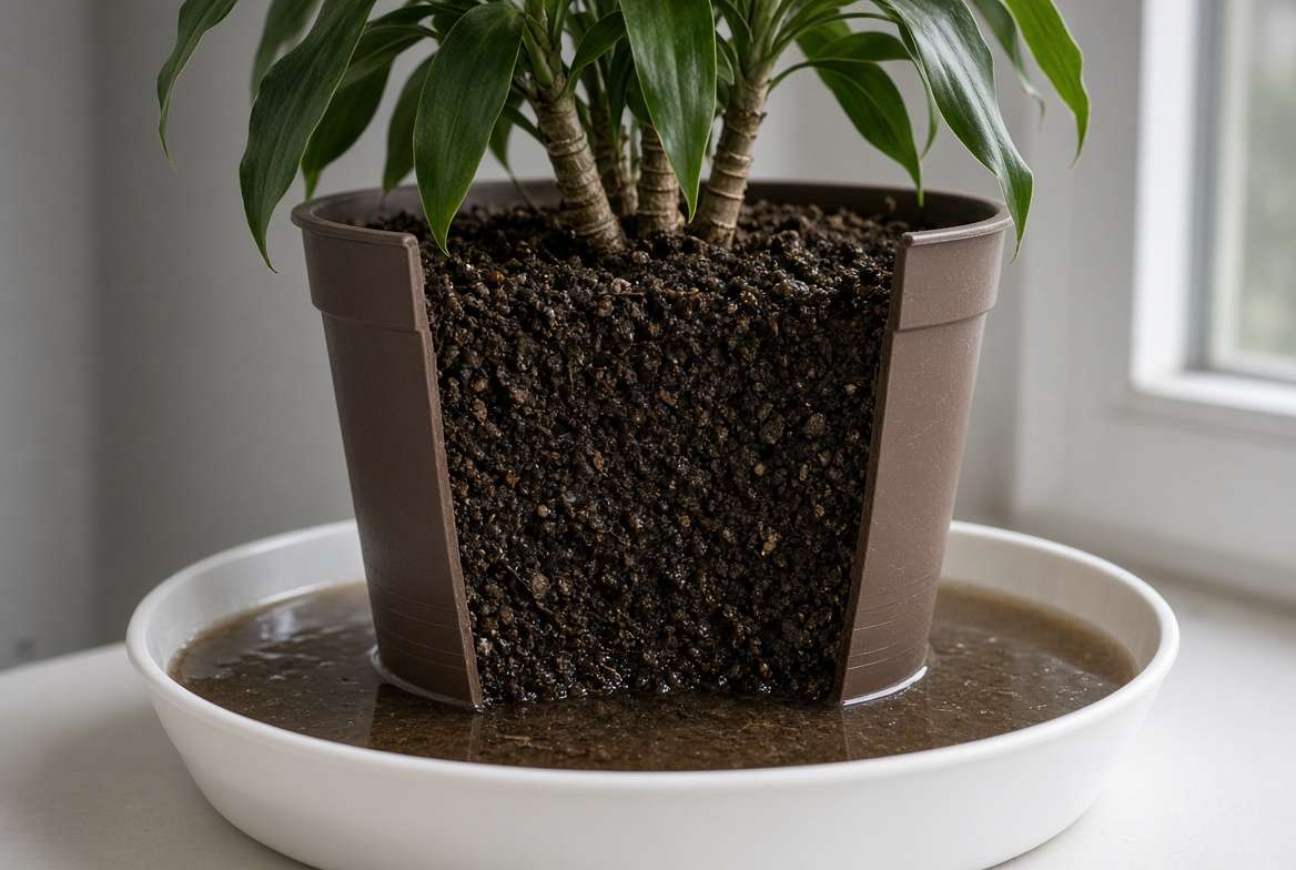 Cross-section view of a potted plant sitting in a saucer full of standing water, illustrating poor drainage.