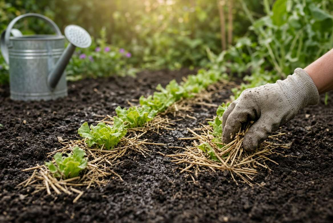 A gardener applying straw mulch to freshly cut loose-leaf lettuce plants in a garden bed after watering.