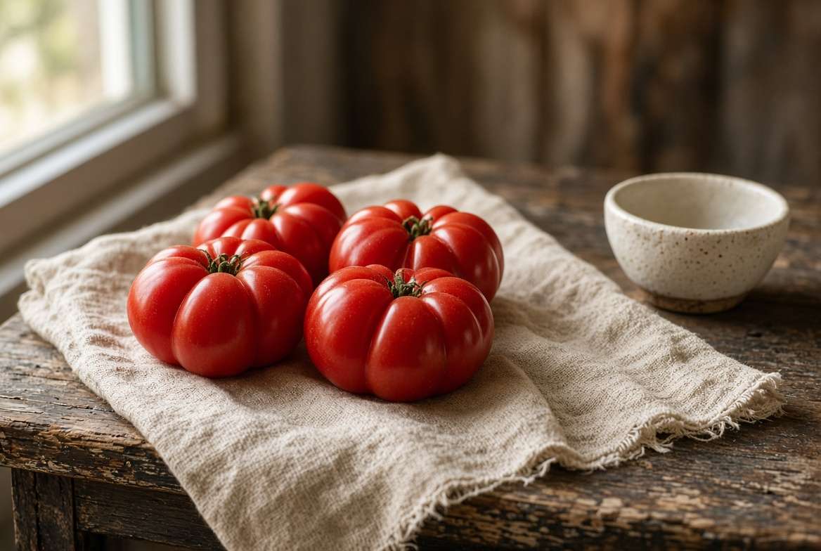 Freshly harvested ripe red tomatoes stored stem-side down on a linen towel on a kitchen counter.