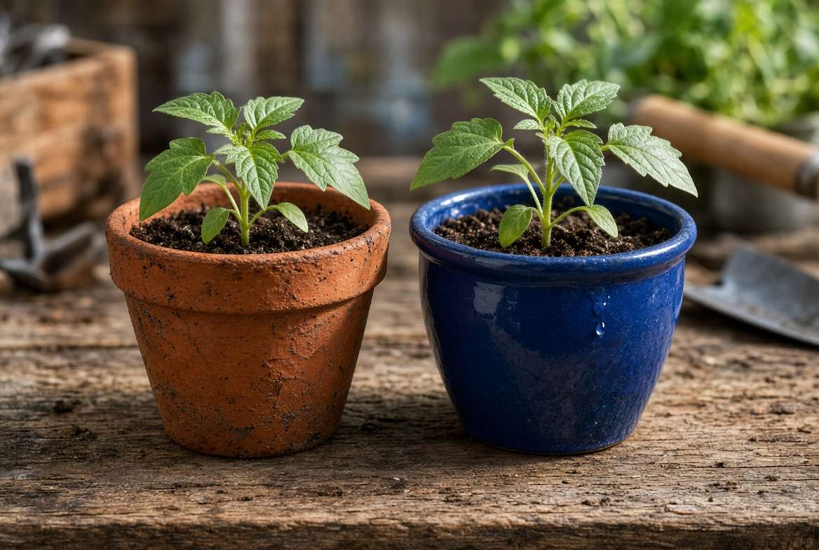 Comparison of weathered terracotta pot and glazed ceramic pot with young vegetable plants.