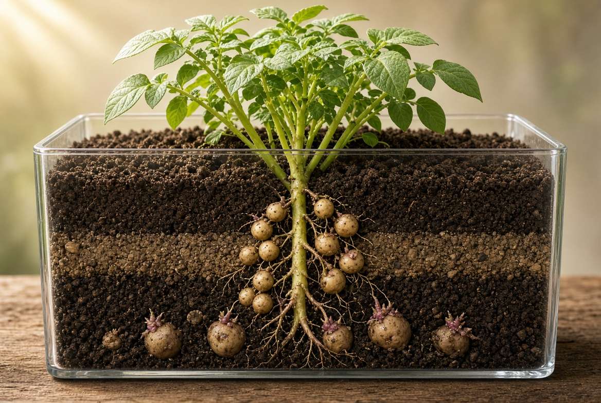 A cross-section diagram illustrating the process of 'hilling' potatoes in a deep container by progressively adding soil as the plant grows.