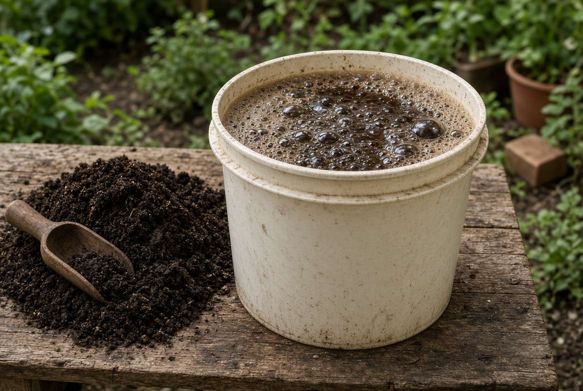 Actively aerated homemade compost tea brewing in a bucket with rich bubbles.