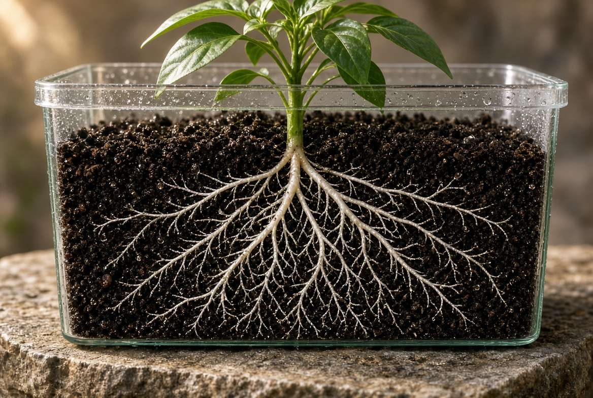 A cross-section view of a potted vegetable plant revealing healthy roots absorbing nutrients in the soil.