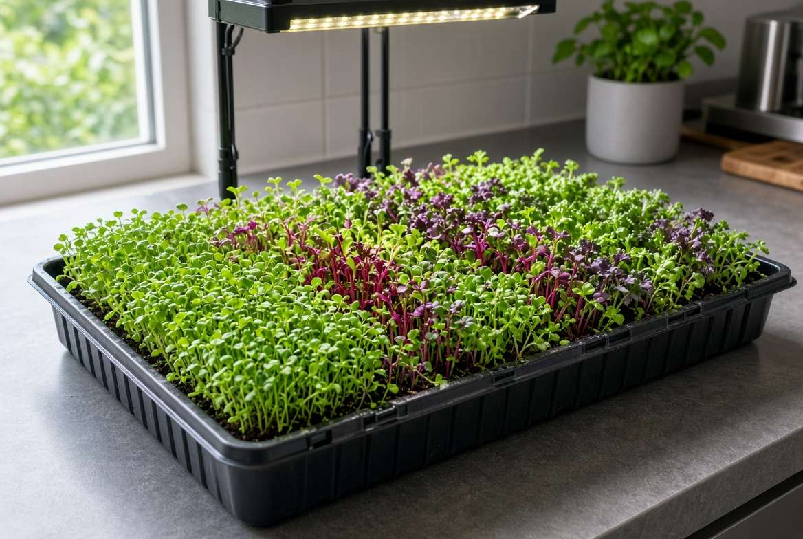 A thriving, uniform canopy of nutrient-dense mixed microgreens ready for harvest, grown successfully in a shallow 1020 tray.