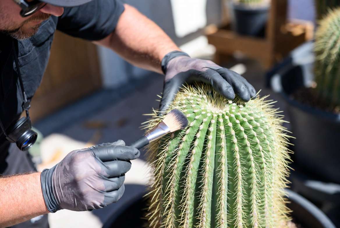 Gardening expert with gloves examining the spine clusters of a saguaro cactus using a soft toothbrush