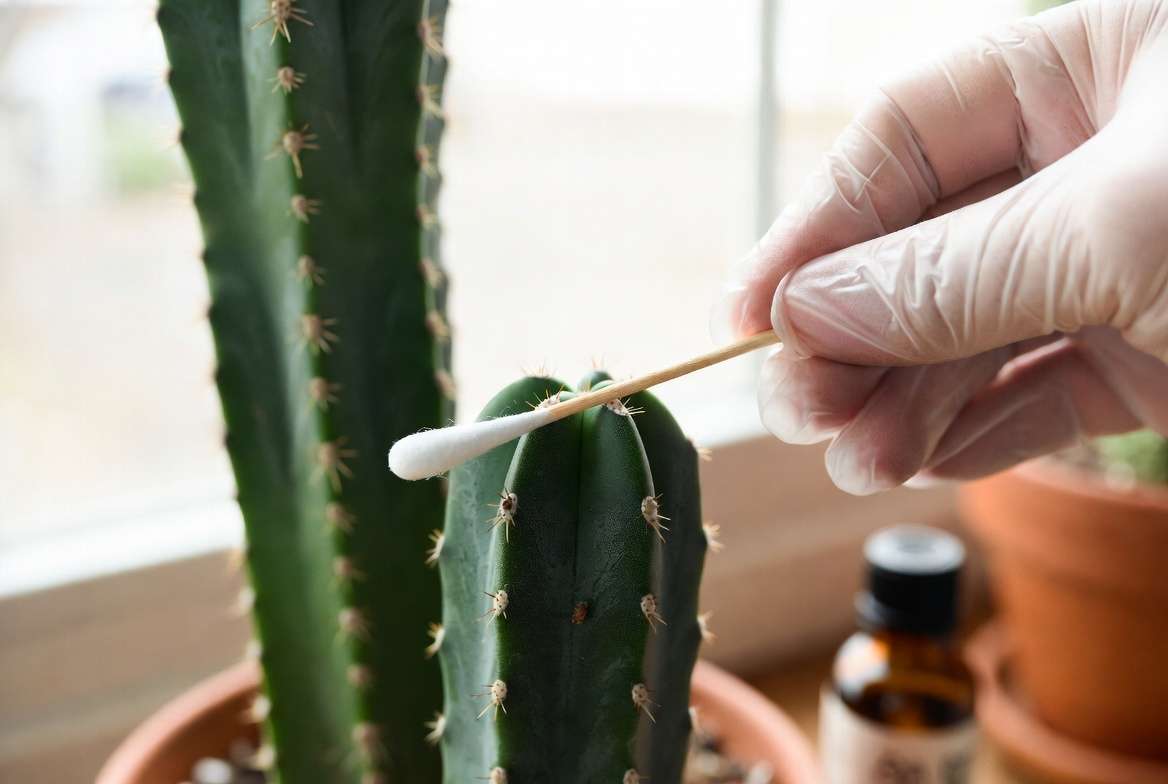 Close-up view of a person wearing a glove using a cotton swab and rubbing alcohol to treat a pest on a cactus.