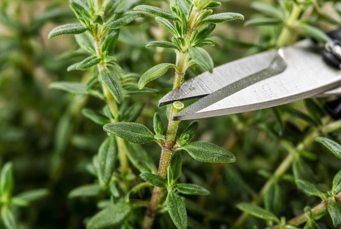 Macro view of gardening shears pruning a thyme stem exactly above a leaf node pair for bushier growth.