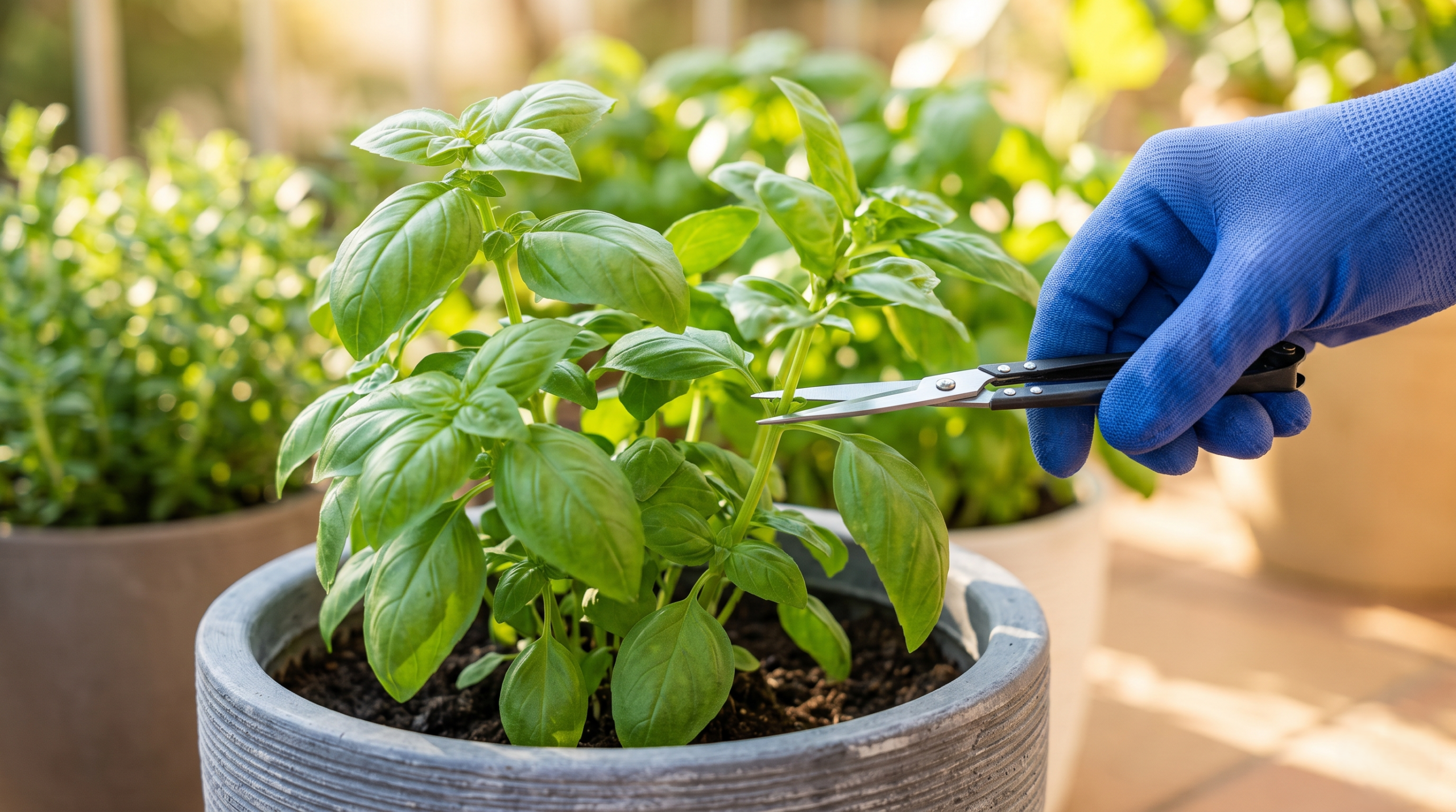 A detailed close-up photograph illustrating how to properly prune a container basil plant by cutting a stem just above a leaf node.