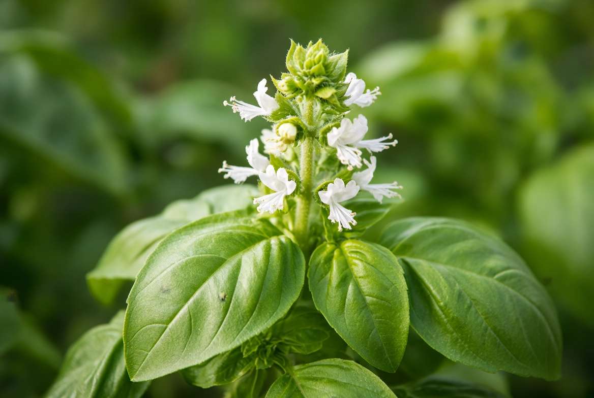 Macro shot of white flowers blooming on top of a bolted basil plant stem.