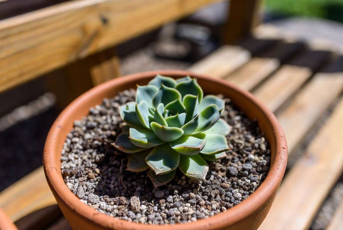 A callused Echeveria rosette resting on top of dry gritty soil for rerooting.