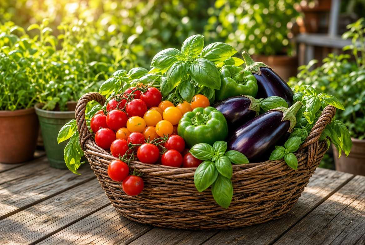 A wicker basket filled with a variety of colorful vegetables harvested from a home container garden.