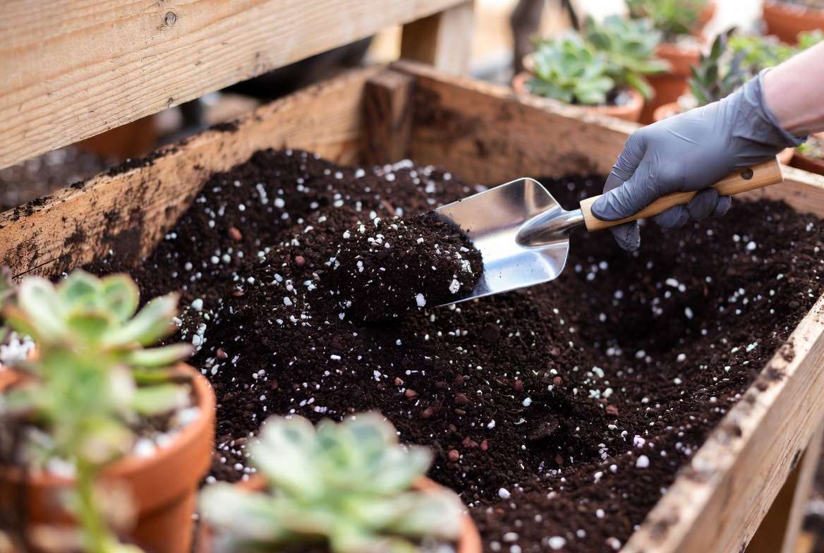 A close-up of a hand mixing a gritty, airy succulent soil recipe containing sterilized soil, pumice, perlite, and lava rock.