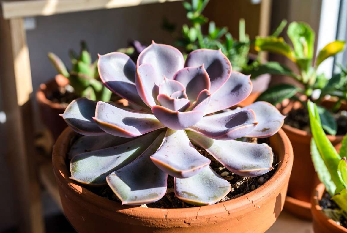 Vibrant hero shot of a perfectly healthy, pest-free Echeveria 'Lola' succulent in a terracotta pot, thriving with beautiful intact powdery farina.