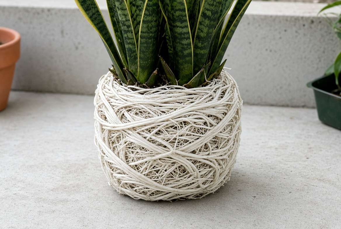 A clear photograph of a severely rootbound Sansevieria plant removed from its container, showing a dense, circling white root mass that requires repotting and cannot be fixed by topdressing.