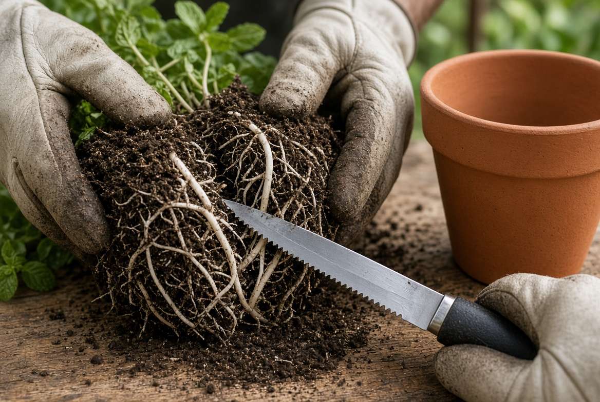 A close-up view showing a gardener slicing through a massive, tangled mint root ball with a serrated knife for propagation by division.