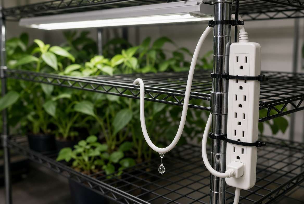 Detailed close-up photo showing a proper electrical drip loop on a metal wire plant shel